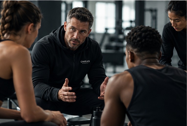 A coach speaking with open hands to a circle of athletes in a gym