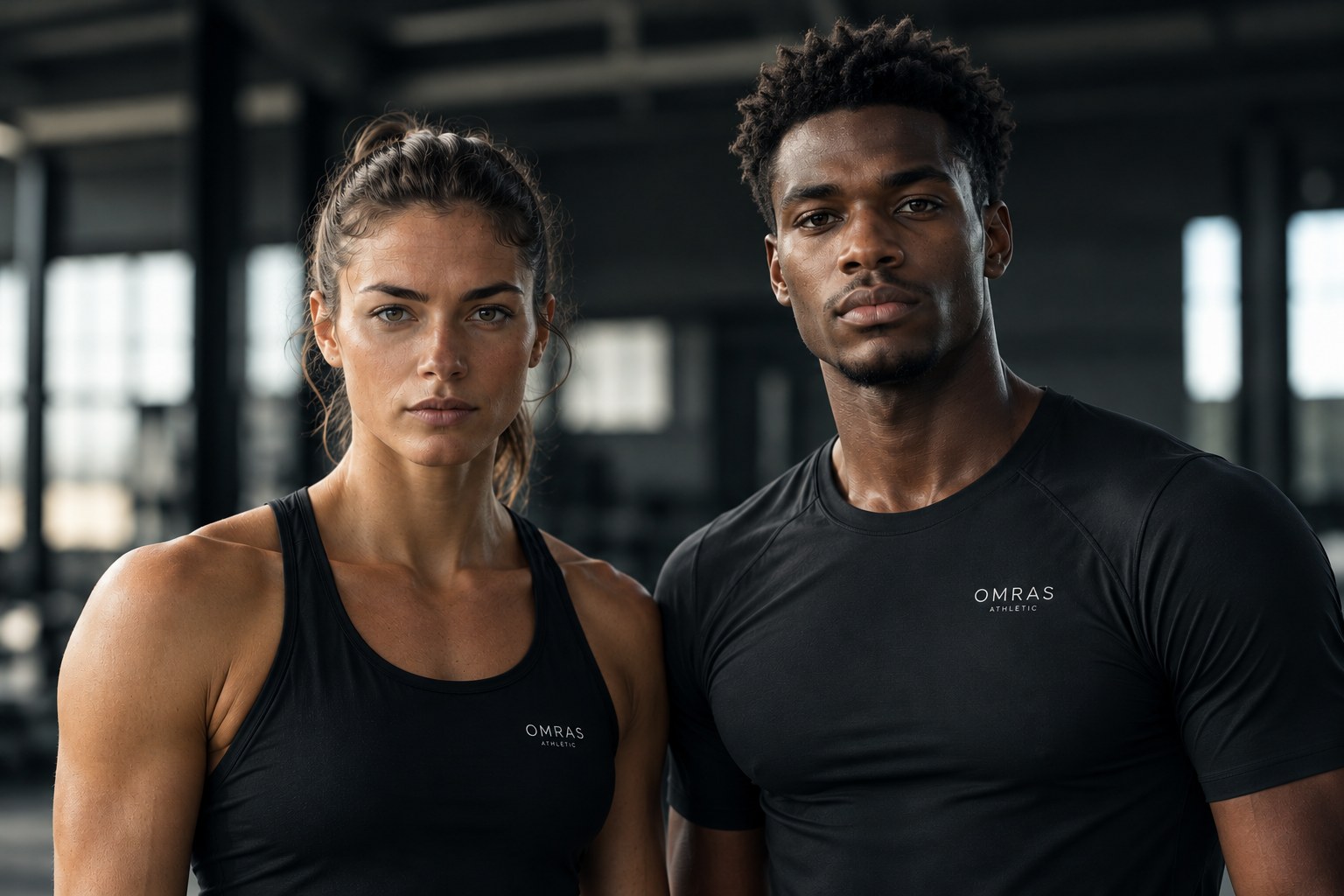 Two athletes standing side by side in a gym, looking directly toward the camera