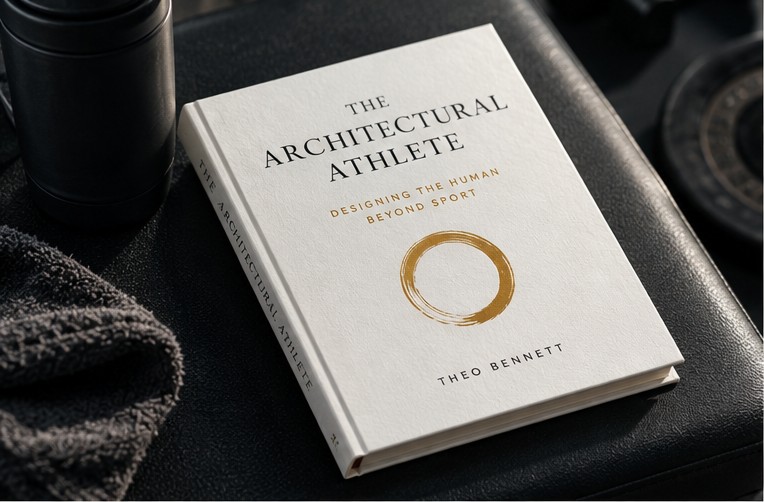 The Architectural Athlete hardcover resting on a gym bench beside a water bottle and towel