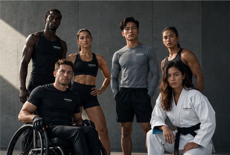 Six diverse athletes, including a wheelchair racer and a martial artist, posed against a concrete wall